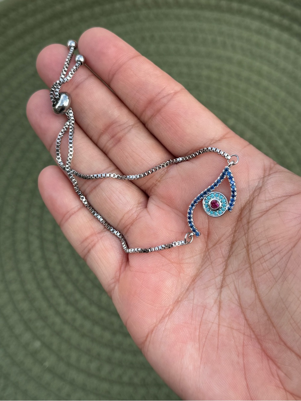 Dainty White Gold Plated CZ Greek Eye Slider Adjustable Bracelet